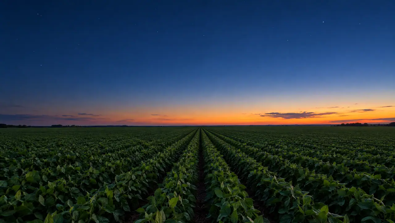 Campo de soja al anochecer, con el cielo azul y el último resplandor en el horizonte