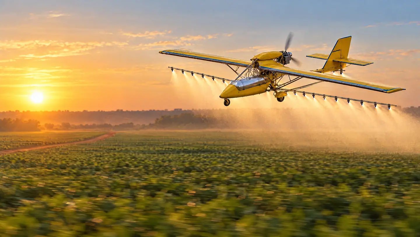 El Spray One, amarillo, volando bajo sobre un campo de soja al amanecer mientras fumiga